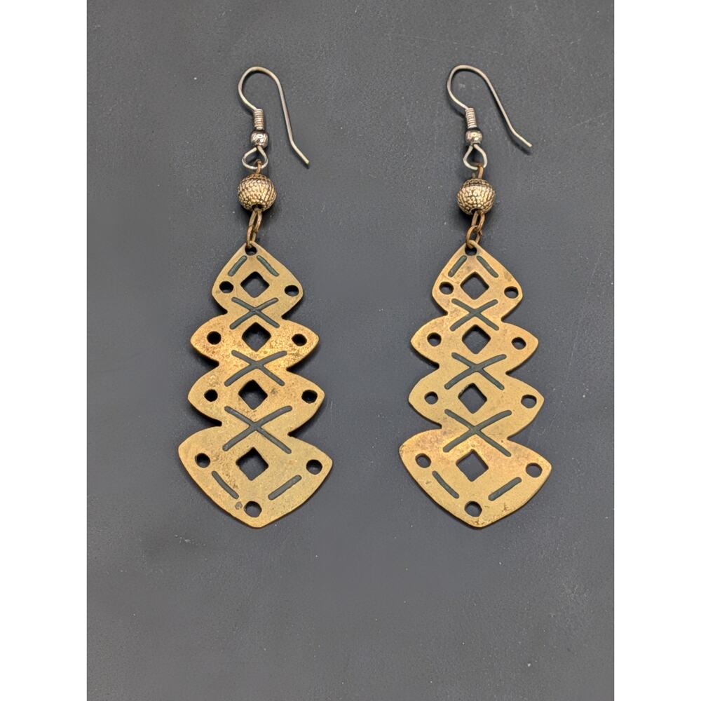 Vintage Modernist Brass Dangle Earrings Signed AD Brutalist Geometric 3.5"